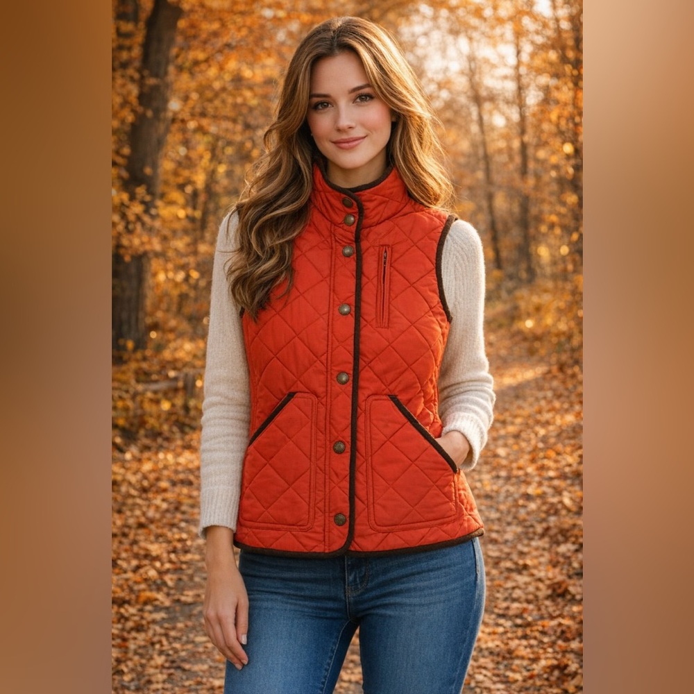 LAUREN Ralph Lauren Quilted Coral Orange Vest Small Snap Front Zip Chest Pocket